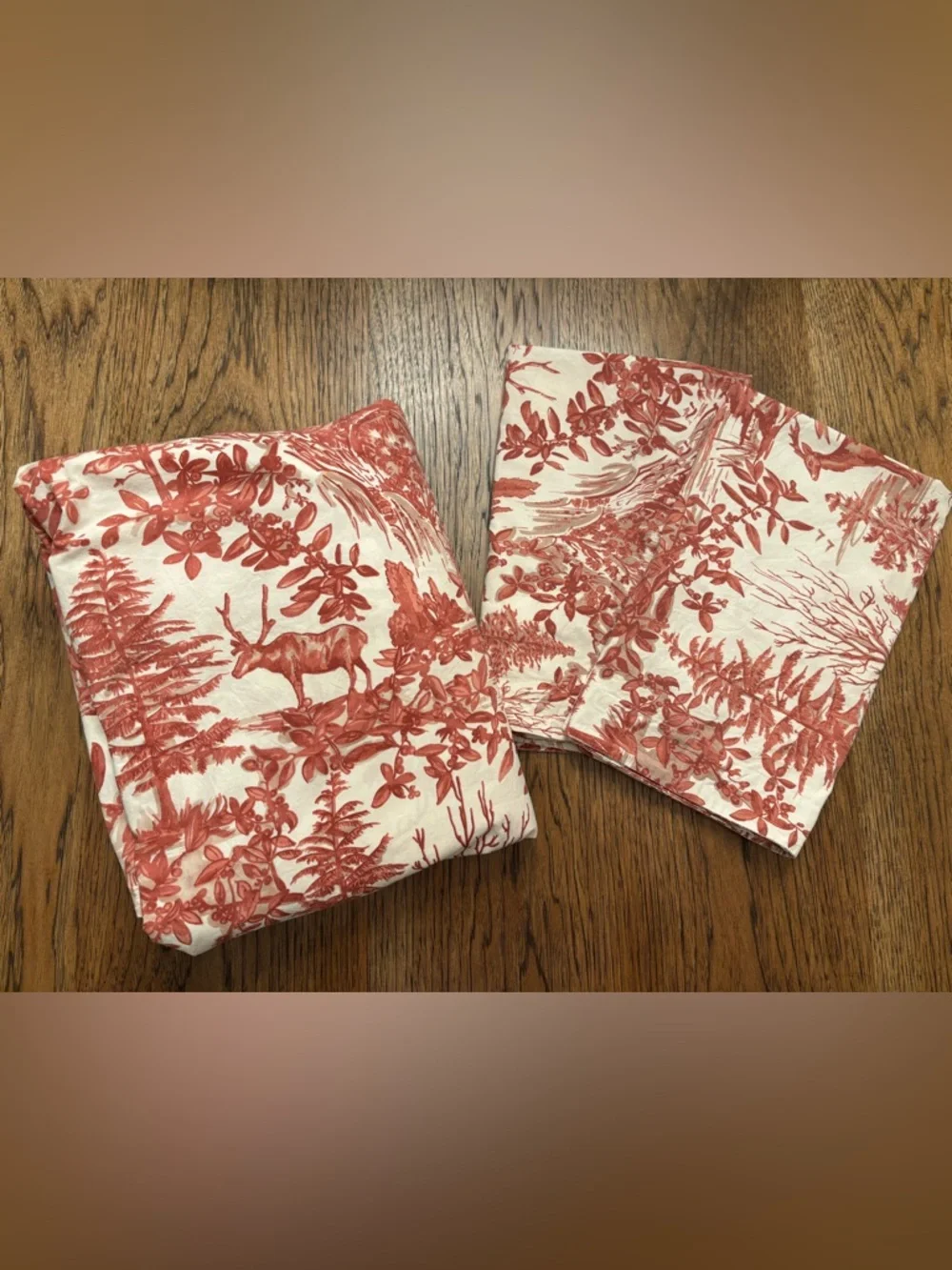 Pottery Barn Woodland Toile Full Queen Duvet Cover + 2 Shams Red Ivory Deer